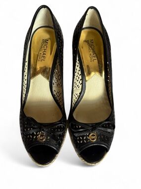 MICHAEL Michael Kors Black Perforated Peep-Toe Wedges with Gold Emblem